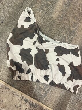 Altar'd State White and Brown Cow-Print One-Shoulder Crop Top